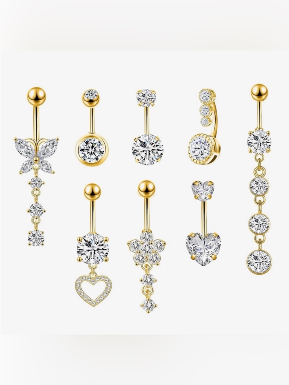 Gold Crystal Dangle Belly Button Rings – 8-Pack